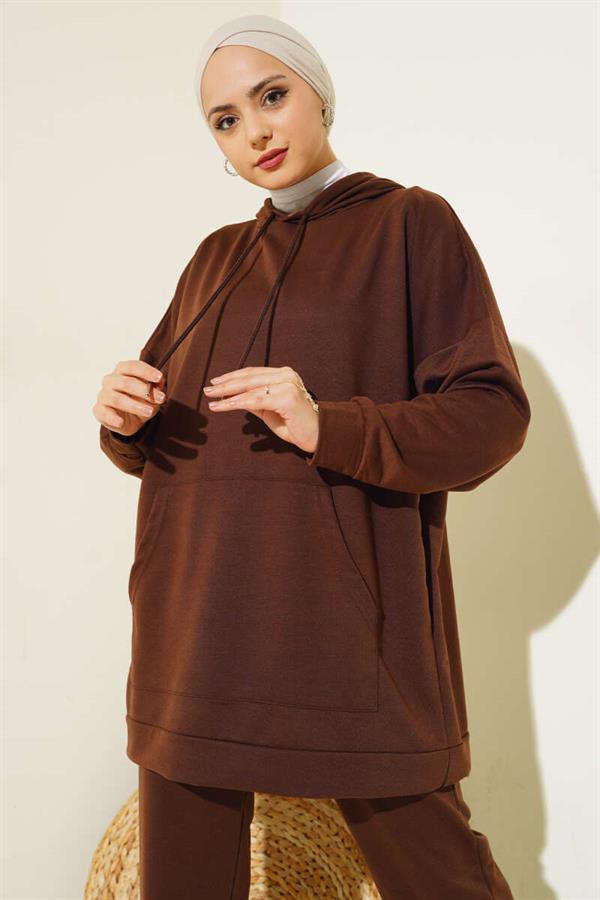 Elastic Leg Hooded 2 Piece Set Brown