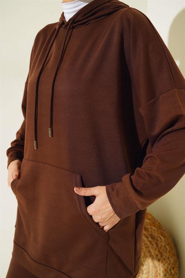 Elastic Leg Hooded 2 Piece Set Brown