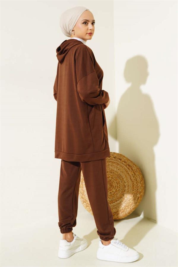 Elastic Leg Hooded 2 Piece Set Brown