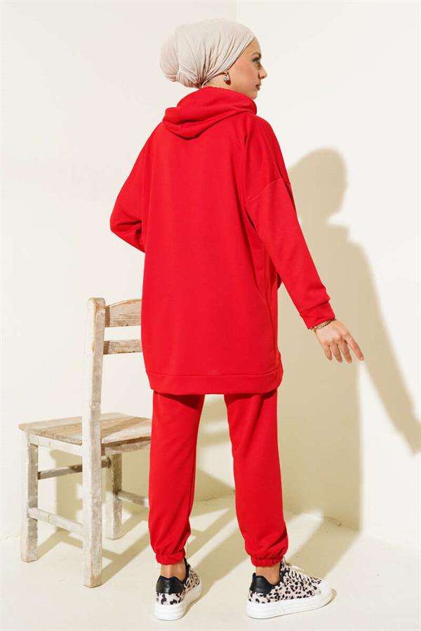 Elastic Leg Hooded 2 Piece Set Red