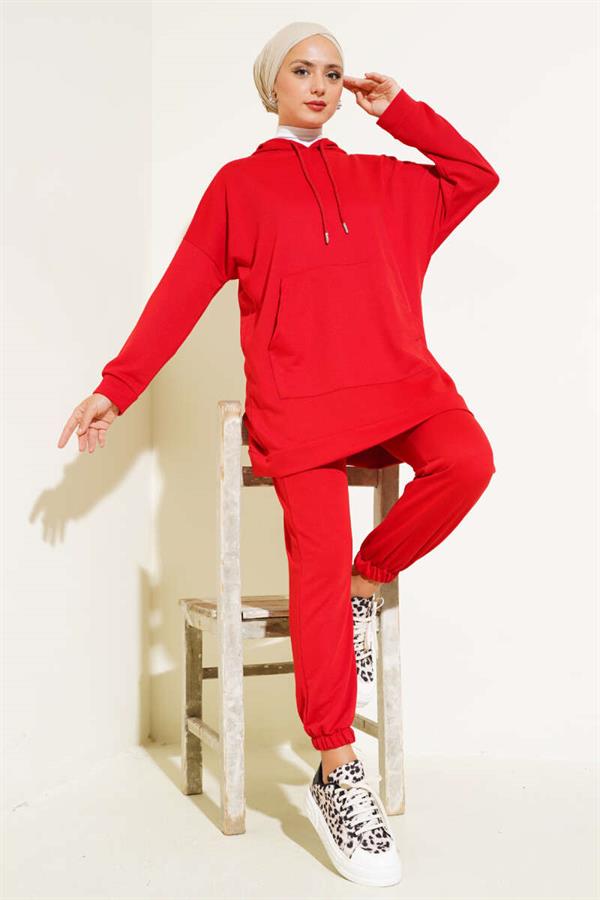 Elastic Leg Hooded 2 Piece Set Red