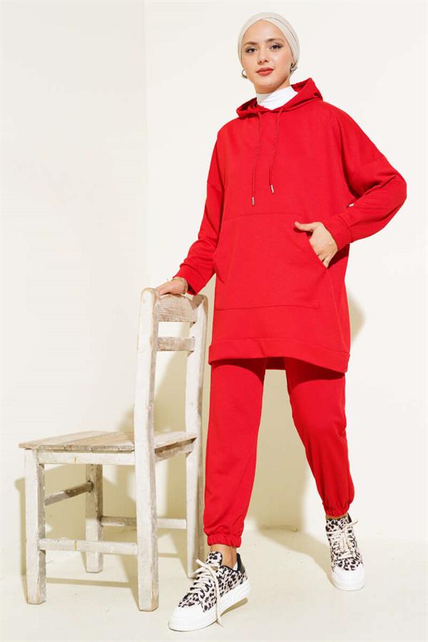 Elastic Leg Hooded 2 Piece Set Red