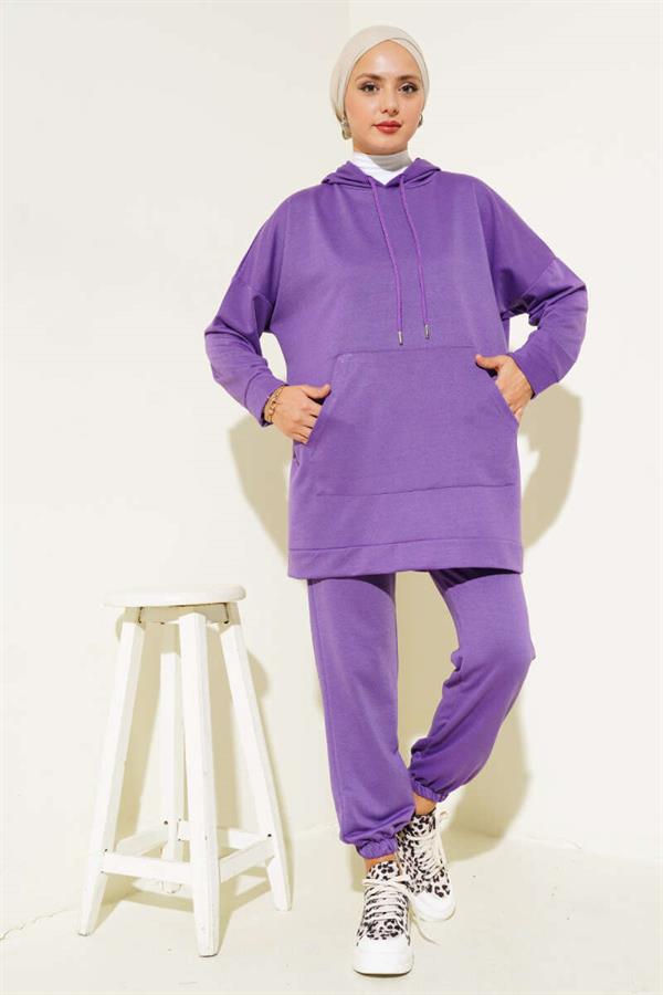 Elastic Leg Hooded 2 Piece Set Lilac