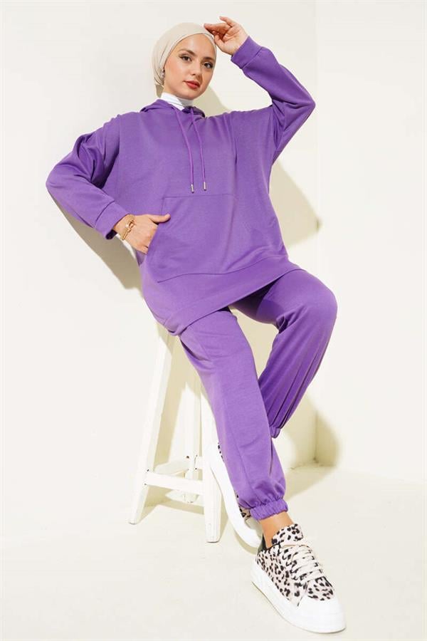 Elastic Leg Hooded 2 Piece Set Lilac