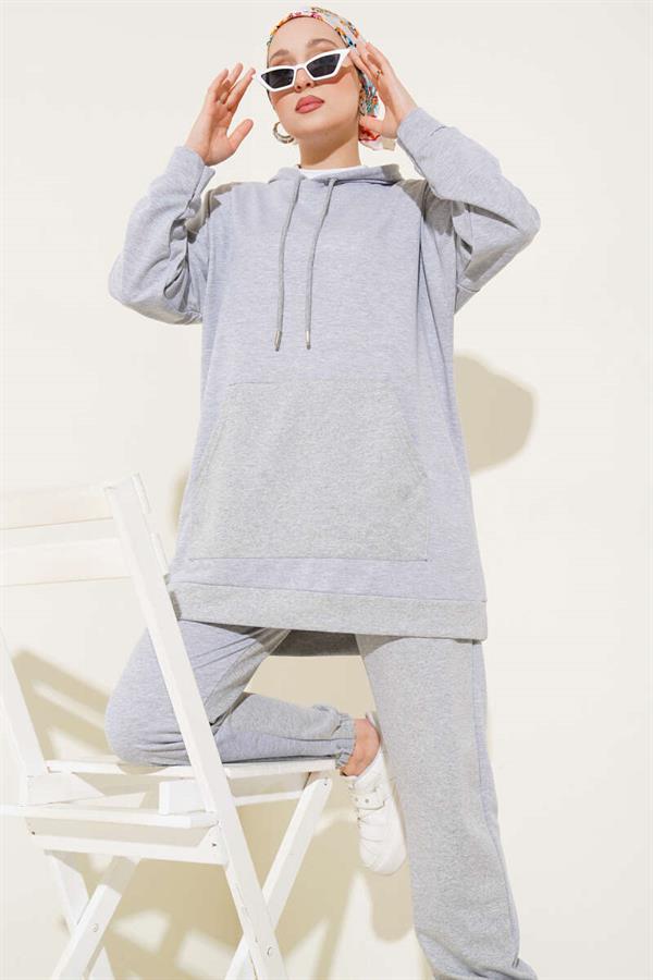 Elastic Leg Hooded 2 Piece Set Melange Gray