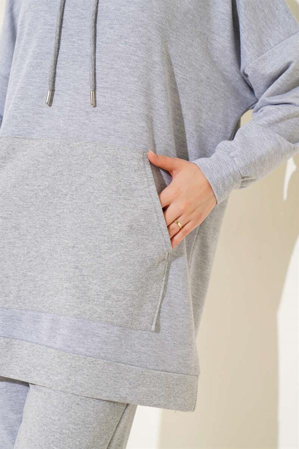 Elastic Leg Hooded 2 Piece Set Melange Gray