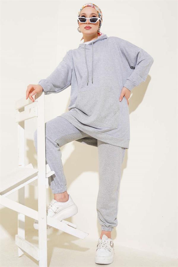 Elastic Leg Hooded 2 Piece Set Melange Gray