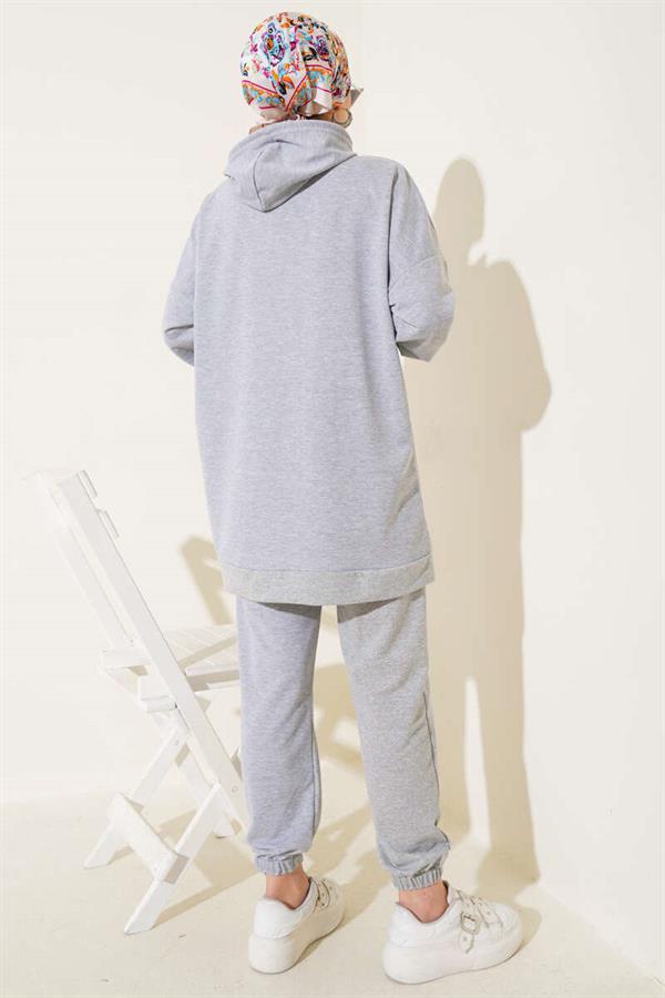 Elastic Leg Hooded 2 Piece Set Melange Gray