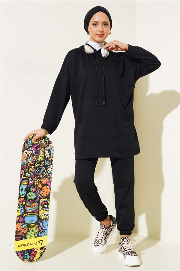 Elastic Leg Hooded 2 Piece Set Black