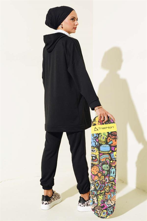 Elastic Leg Hooded 2 Piece Set Black
