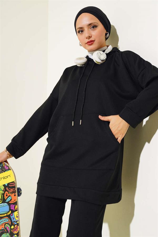 Elastic Leg Hooded 2 Piece Set Black