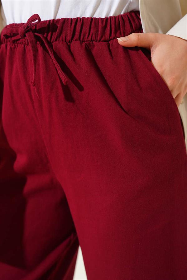 Trousers with Tasseled and Lace Detail on the Legs, Burgundy