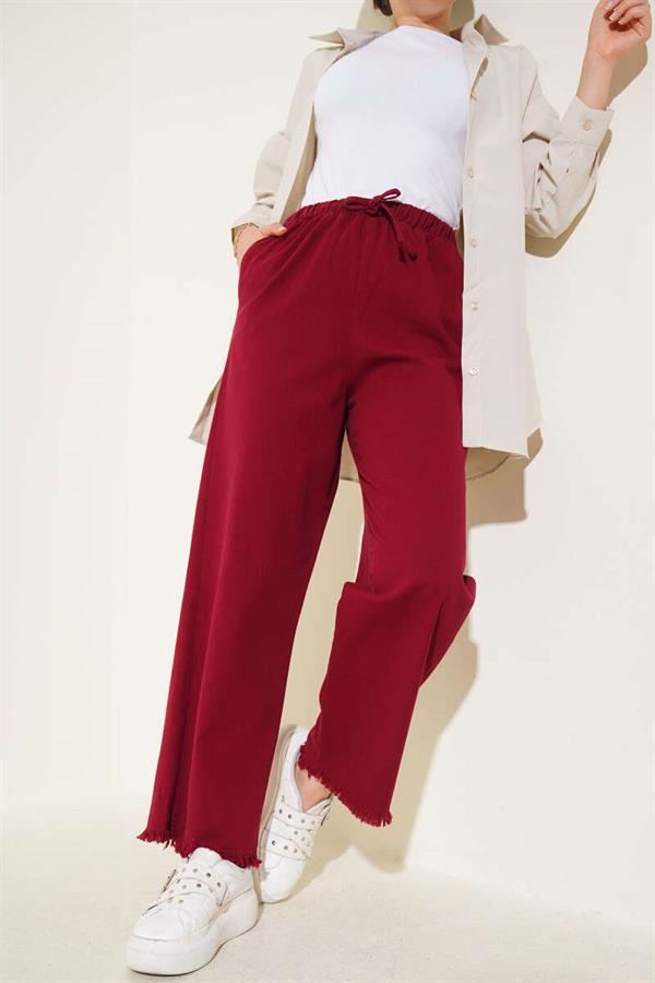 Trousers with Tasseled and Lace Detail on the Legs, Burgundy