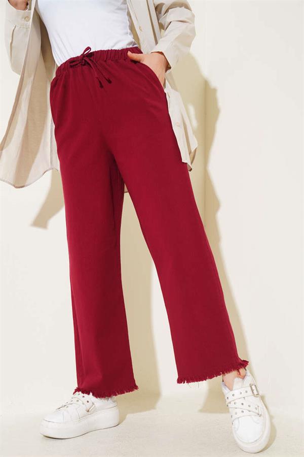 Trousers with Tasseled and Lace Detail on the Legs, Burgundy