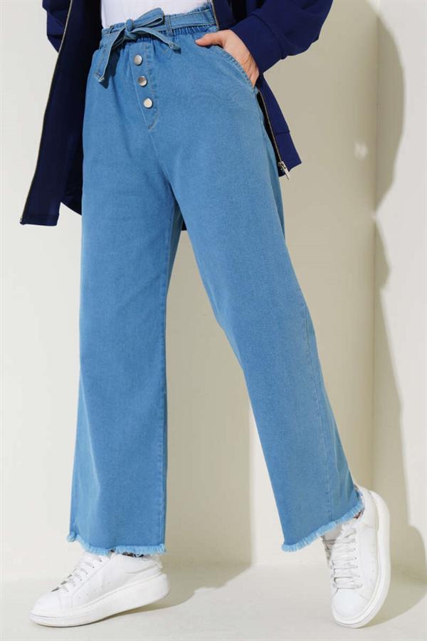 Self-Belted Jeans with Tassel Hem Denim Blue