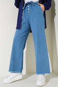 Self-Belted Jeans with Tassel Hem Denim Blue