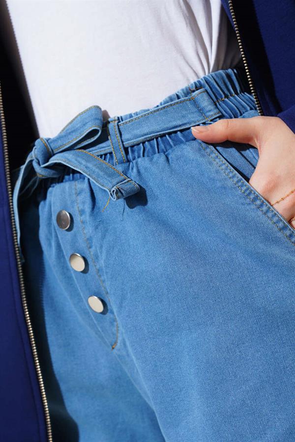 Self-Belted Jeans with Tassel Hem Denim Blue