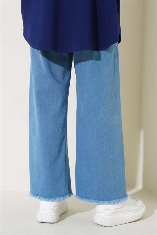 Self-Belted Jeans with Tassel Hem Denim Blue