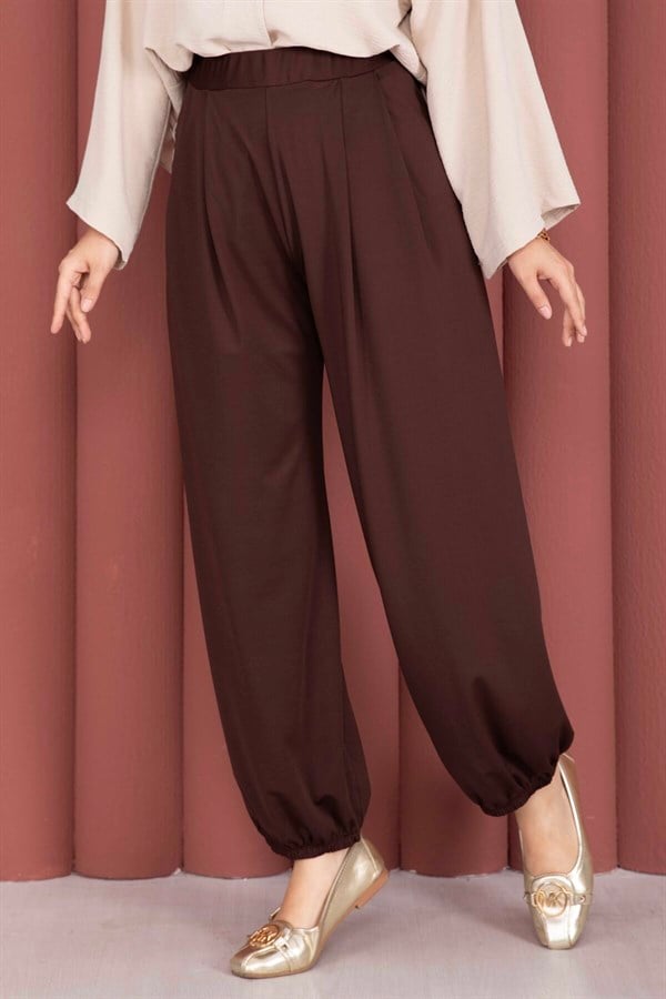 Relaxed Fit Harem Pants with Elasticated Cuffs, Brown