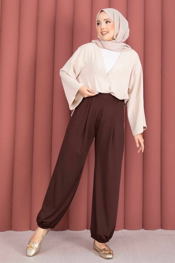 Relaxed Fit Harem Pants with Elasticated Cuffs, Brown