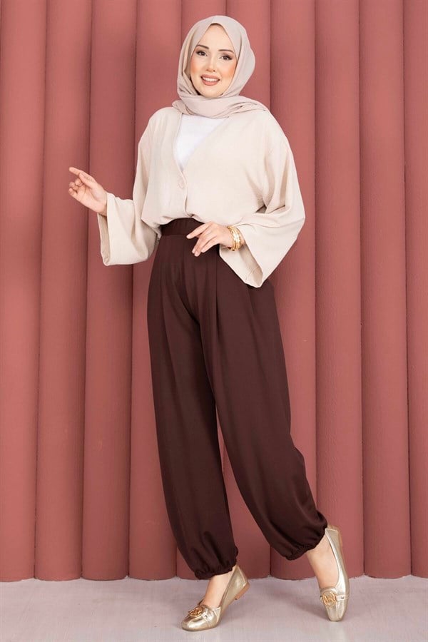 Relaxed Fit Harem Pants with Elasticated Cuffs, Brown