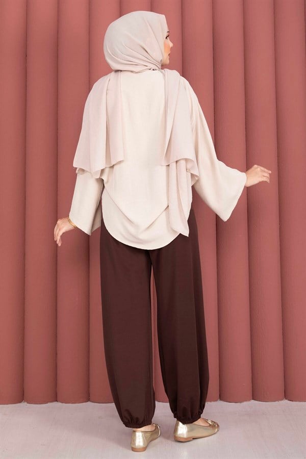 Relaxed Fit Harem Pants with Elasticated Cuffs, Brown