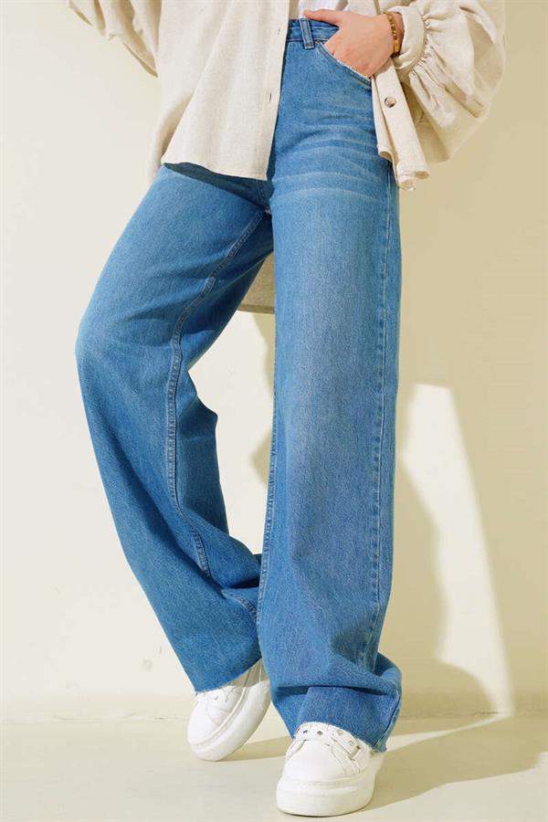 Palazzo Jeans with Tasseled Legs Light Blue