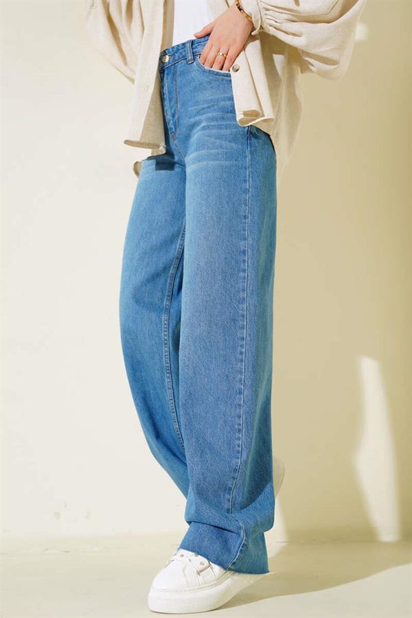 Palazzo Jeans with Tasseled Legs Light Blue