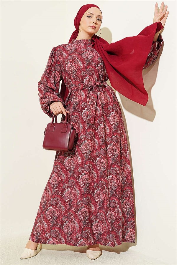 Paisley Pattern Balloon Sleeve Belted Dress Burgundy