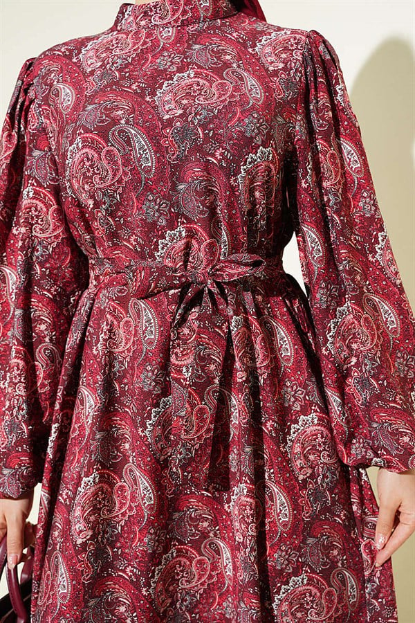 Paisley Pattern Balloon Sleeve Belted Dress Burgundy