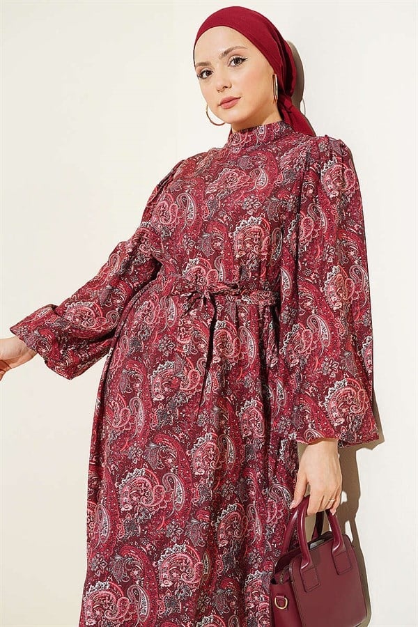 Paisley Pattern Balloon Sleeve Belted Dress Burgundy