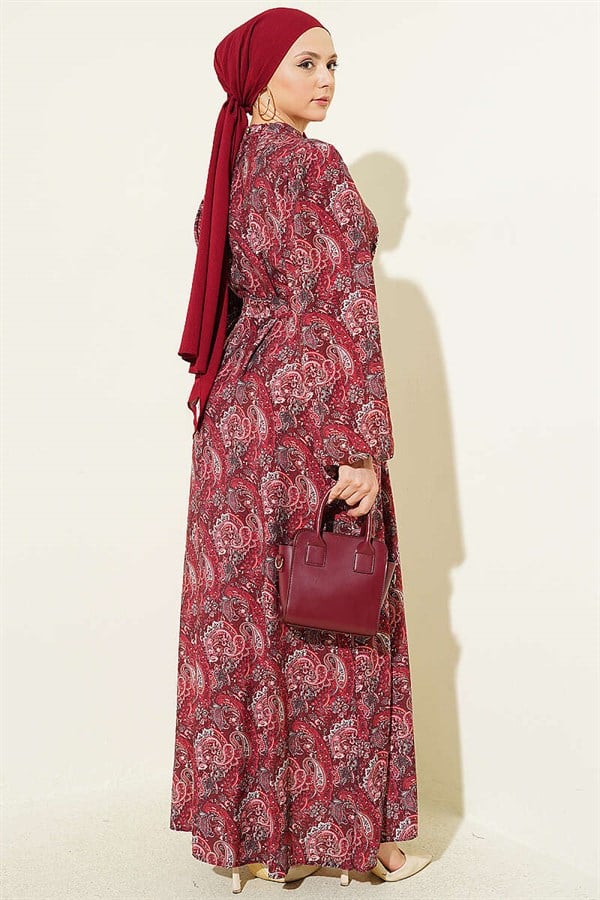 Paisley Pattern Balloon Sleeve Belted Dress Burgundy