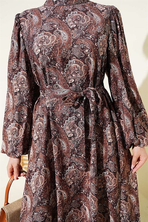 Paisley Pattern Balloon Sleeve Belted Dress in Brown