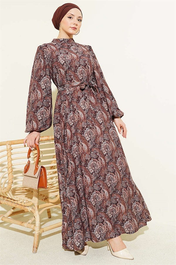 Paisley Pattern Balloon Sleeve Belted Dress in Brown