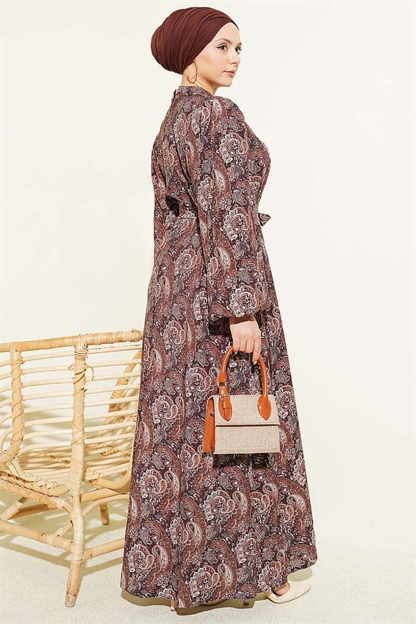 Paisley Pattern Balloon Sleeve Belted Dress in Brown