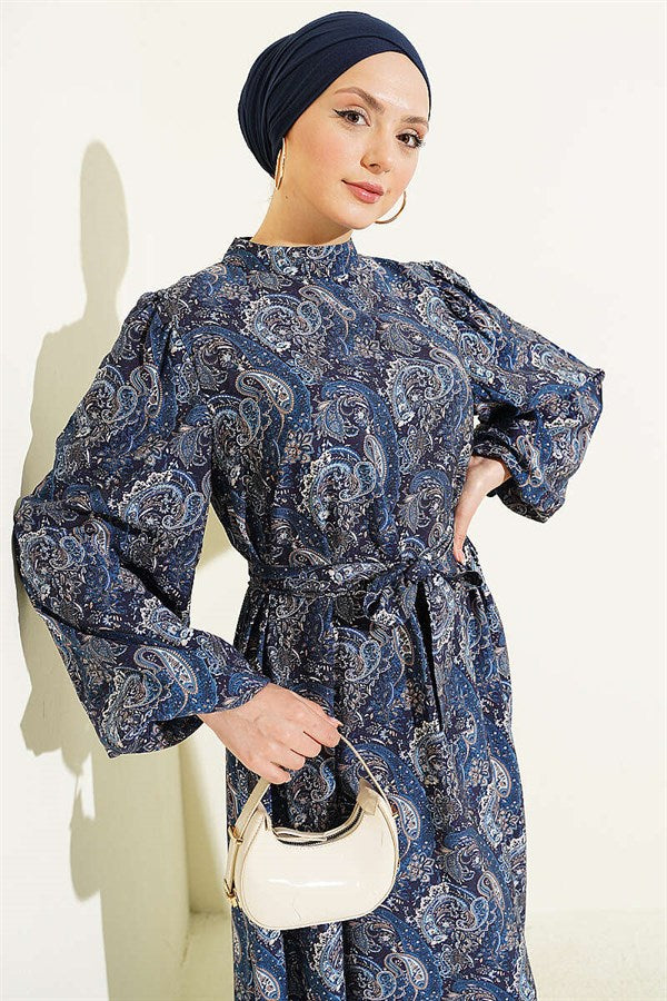 Paisley Pattern Balloon Sleeve Belted Dress Navy Blue