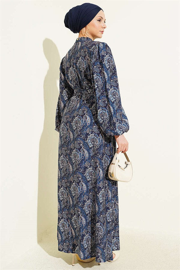 Paisley Pattern Balloon Sleeve Belted Dress Navy Blue