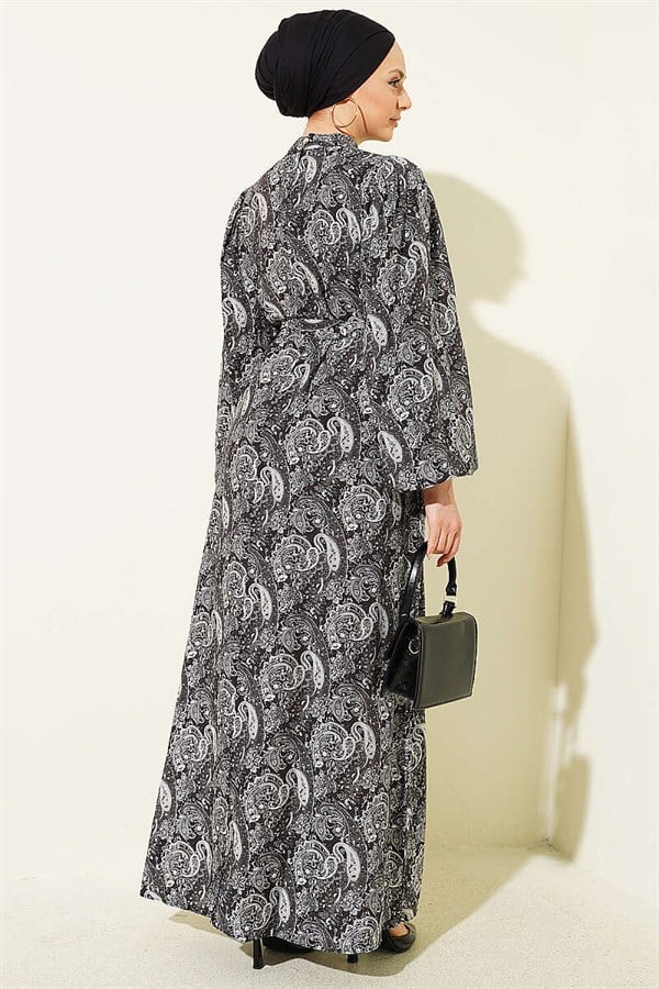 Paisley Pattern Balloon Sleeve Belted Dress Black