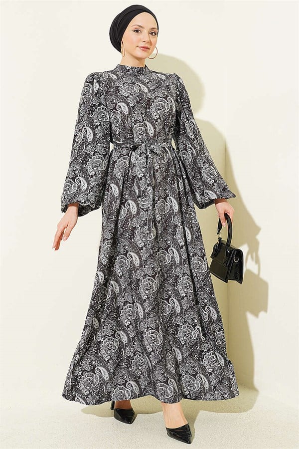 Paisley Pattern Balloon Sleeve Belted Dress Black