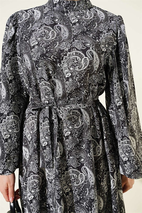 Paisley Pattern Balloon Sleeve Belted Dress Black