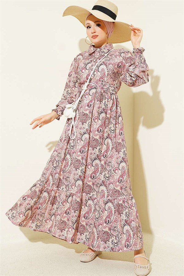 Paisley Pattern Ankle Strap Dress Beige