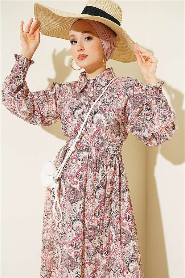 Paisley Pattern Ankle Strap Dress Beige