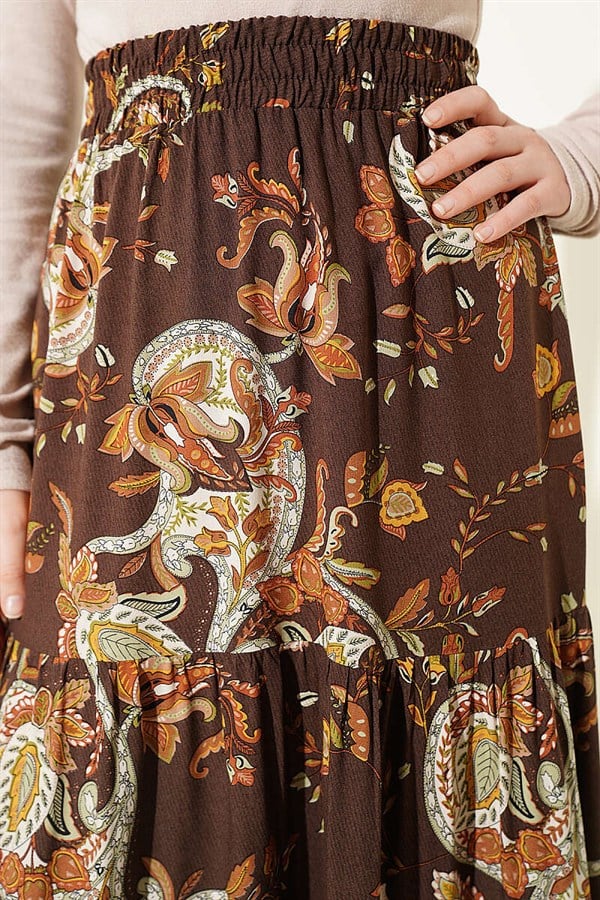 Paisley Pattern Layered Viscose Skirt, Brown