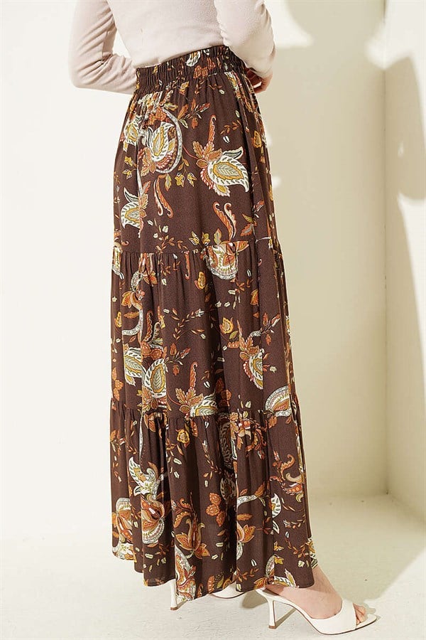 Paisley Pattern Layered Viscose Skirt, Brown