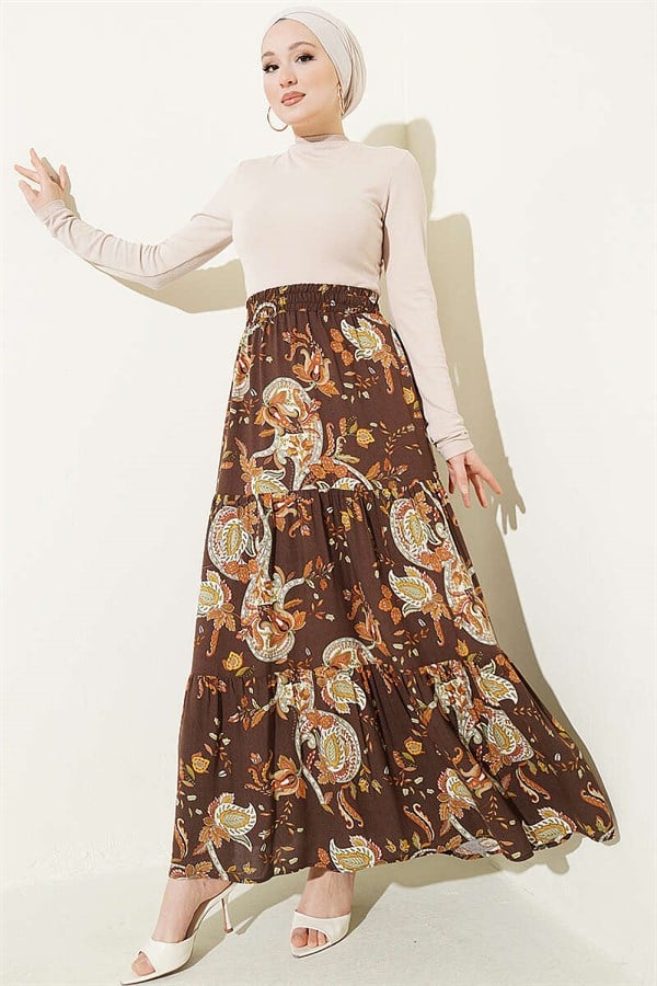 Paisley Pattern Layered Viscose Skirt, Brown