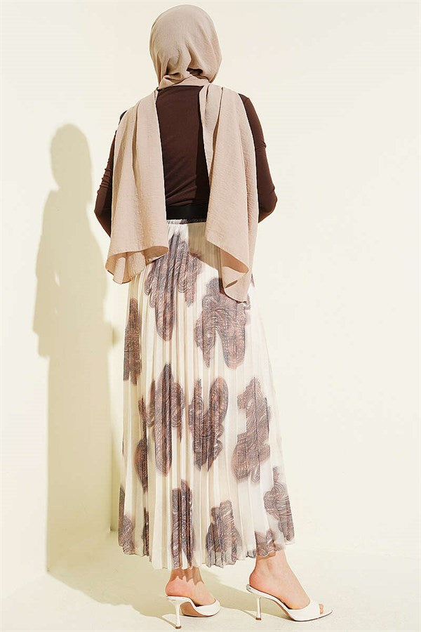 Paisley Pattern Pleated Chiffon Skirt, Coffee