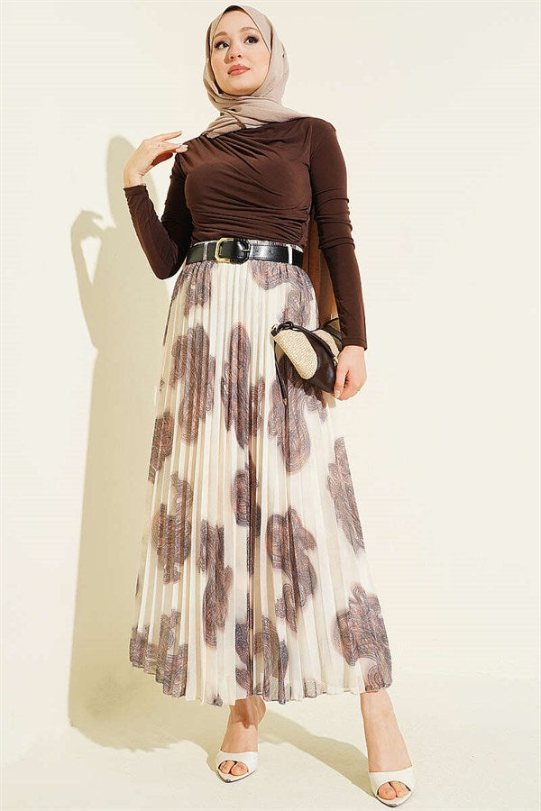 Paisley Pattern Pleated Chiffon Skirt, Coffee