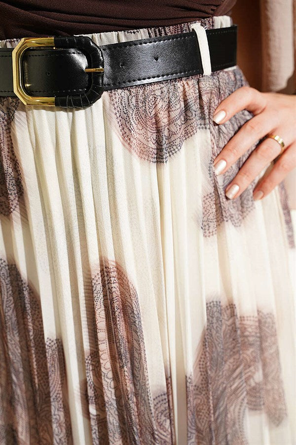 Paisley Pattern Pleated Chiffon Skirt, Coffee