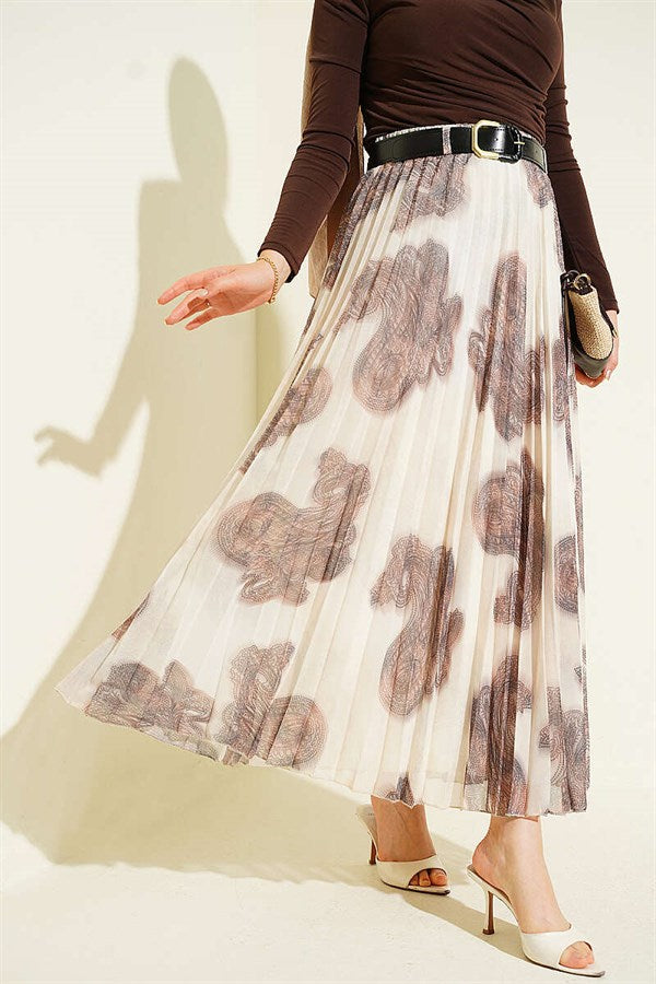 Paisley Pattern Pleated Chiffon Skirt, Coffee