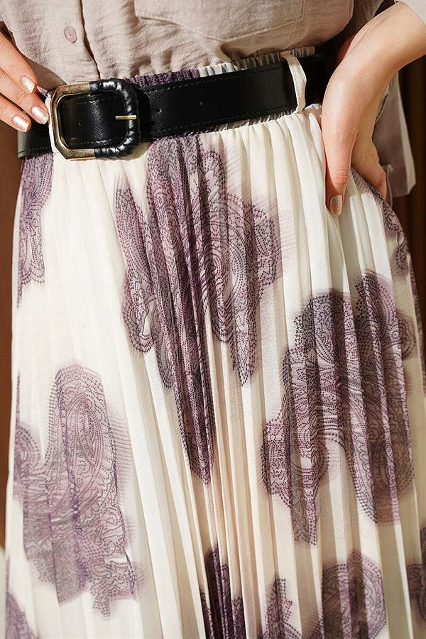 Paisley Pattern Pleated Chiffon Skirt, Plum